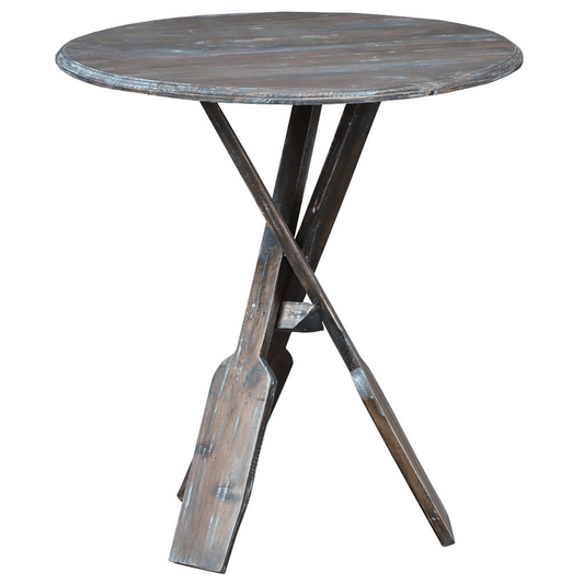 Cottage Round Boat Oar Accent Table In Distressed Brown/Blue Wood