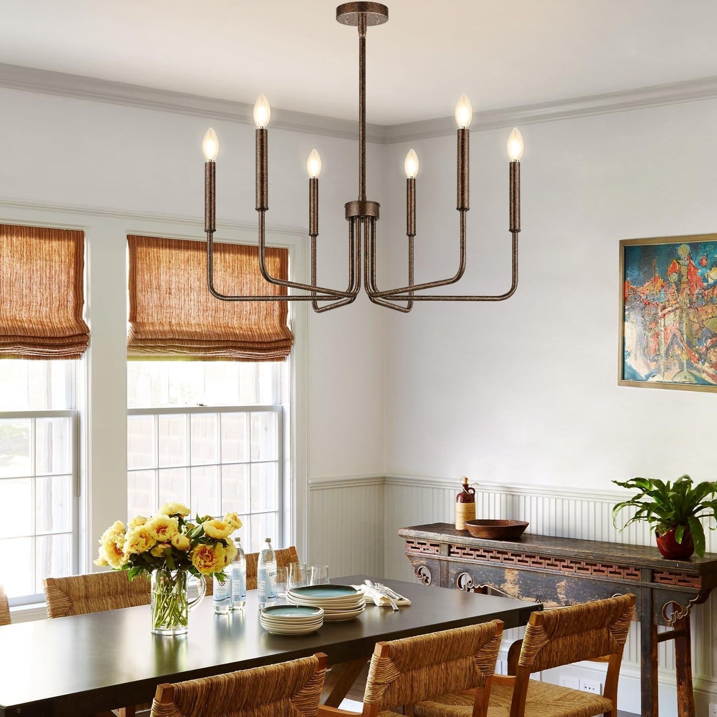 Rustic Black Chandelier, 6-Light Antique Farmhouse Chandelier for