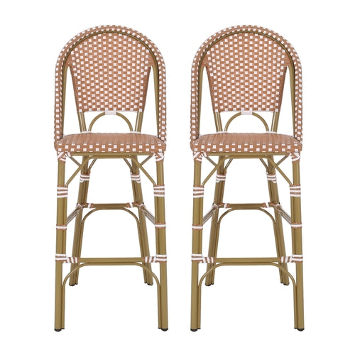 Outdoor PE Rattan French Barstool Set with Rust Red and White Wicker