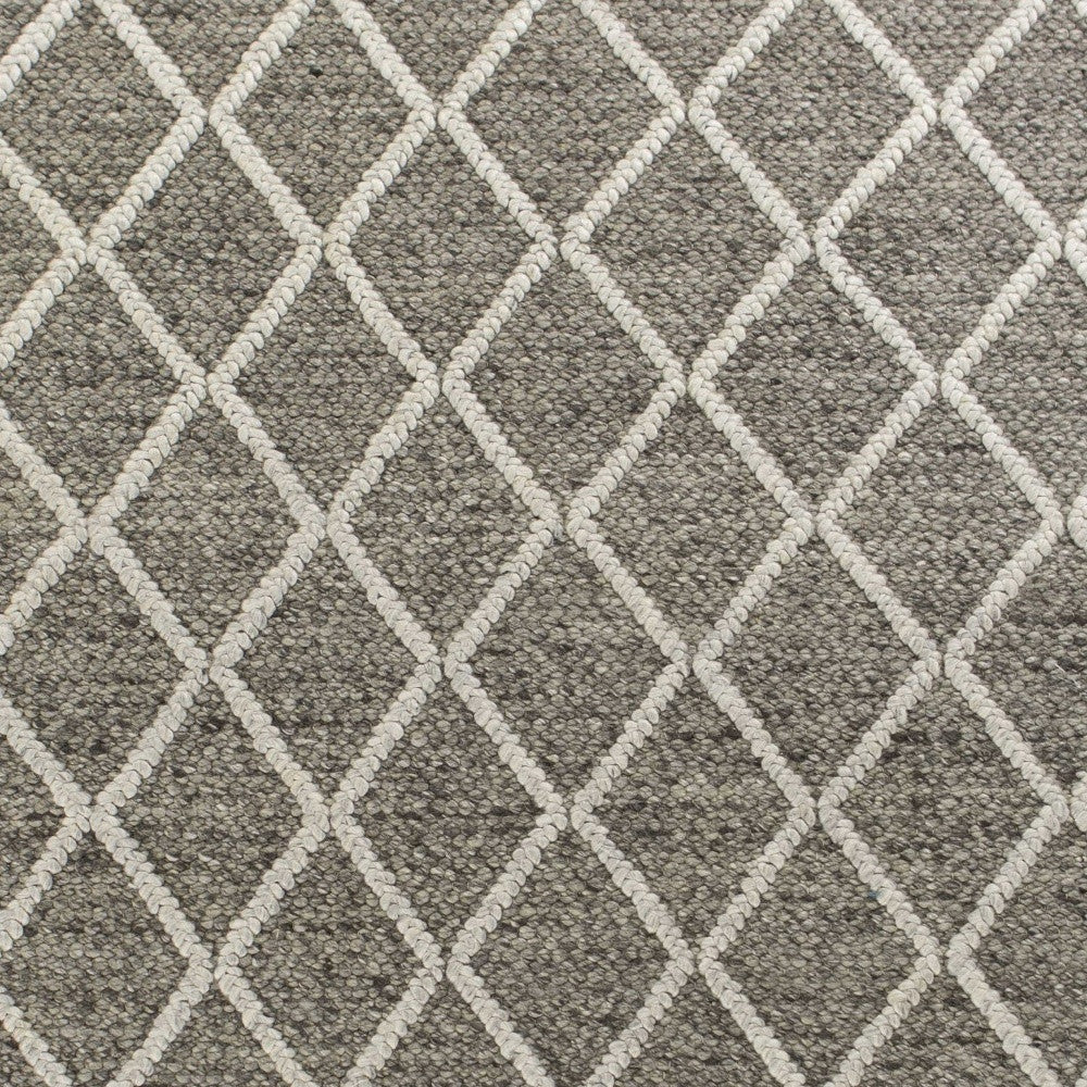 8' X 10' Dark Gray And Ivory New Zealand Lambs Wool Diamond Hand Woven