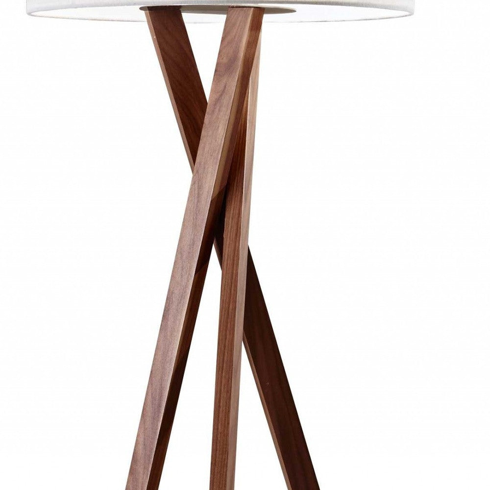 63" Brown And White Solid Wood Tripod Floor Lamp With White Linen Drum