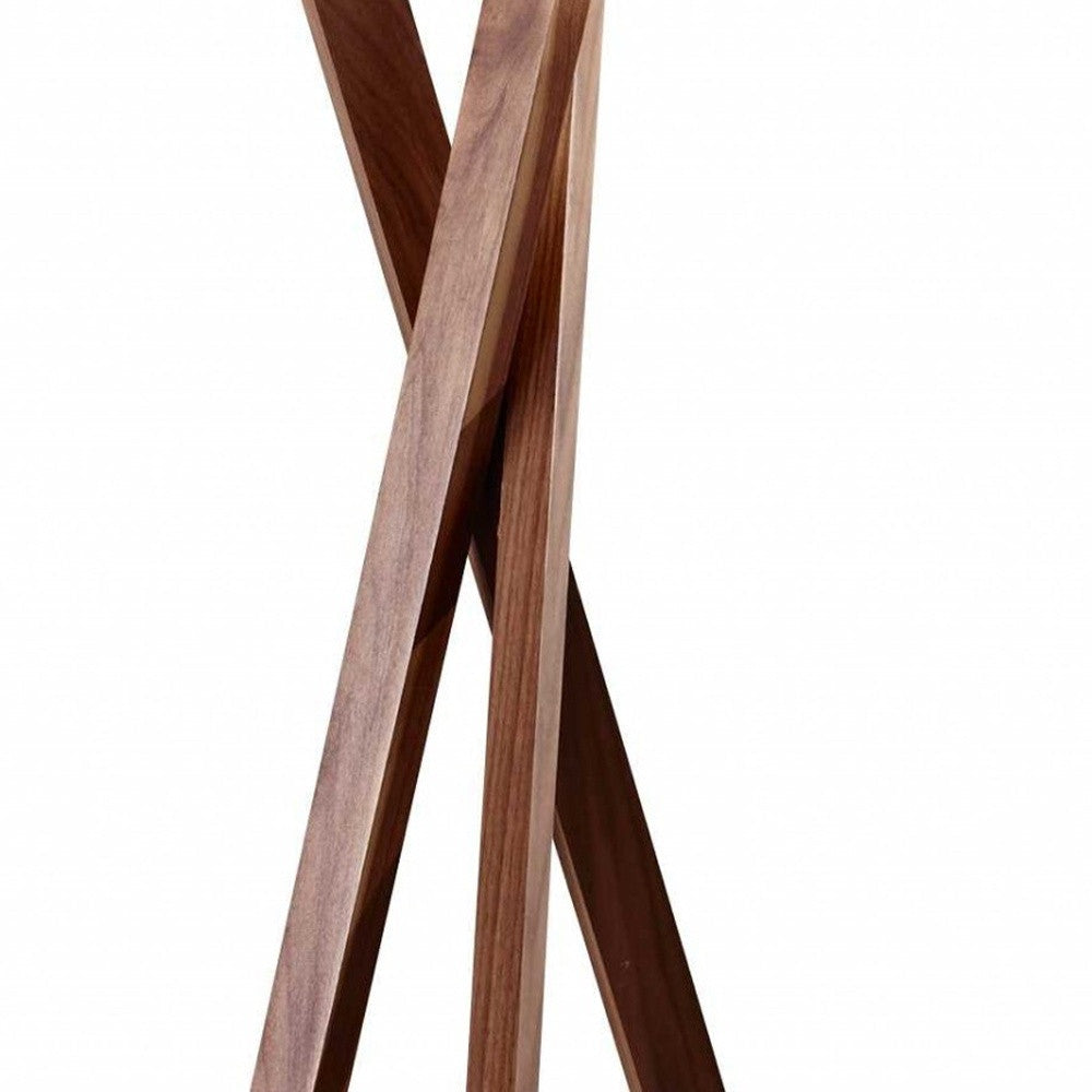 63" Brown And White Solid Wood Tripod Floor Lamp With White Linen Drum