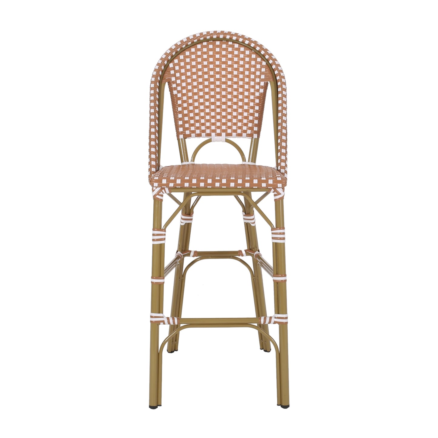 Outdoor PE Rattan French Barstool Set with Rust Red and White Wicker