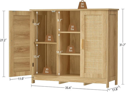 Storage Cabinet, Rattan Cabinet with 4 Adjustable Shelves, Coffee Bar