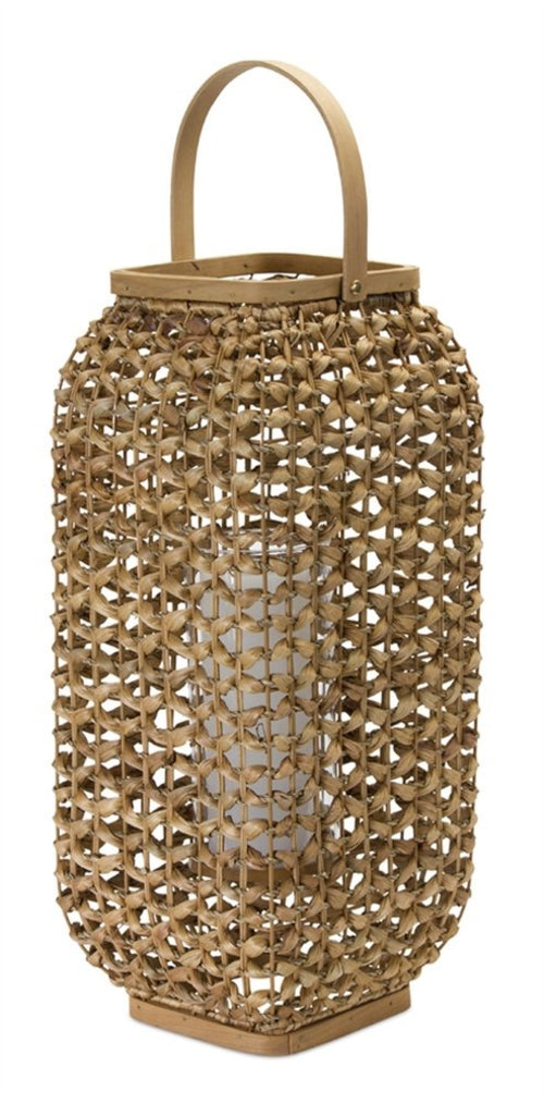 20" Natural Distressed Woven Glass And Wicker Floor Lantern Candle