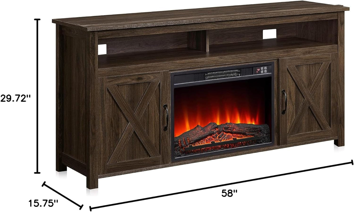 65" Barn Door Fireplace TV Stand Dark Walnut