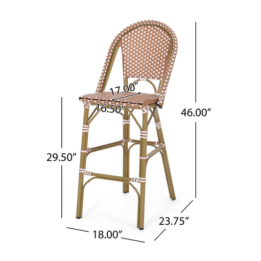 Outdoor Rattan French Barstool Set (2) with Rust Red and White Wicker