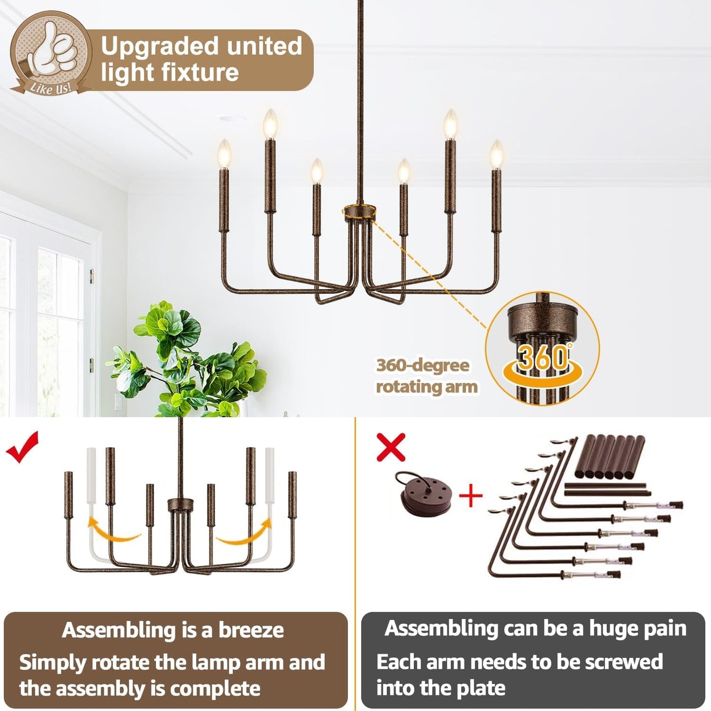 Rustic Black Chandelier, 6-Light Antique Farmhouse Chandelier for
