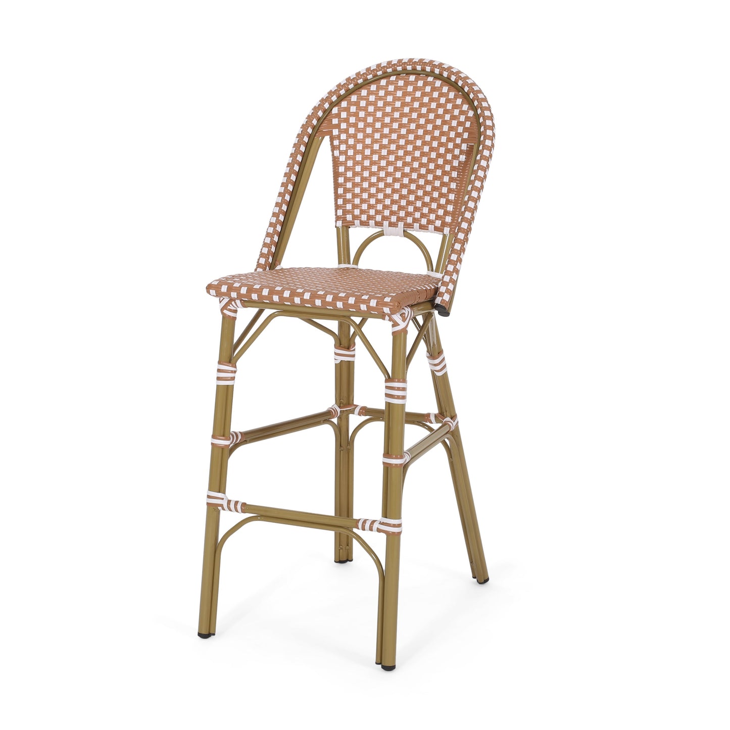 Outdoor PE Rattan French Barstool Set with Rust Red and White Wicker