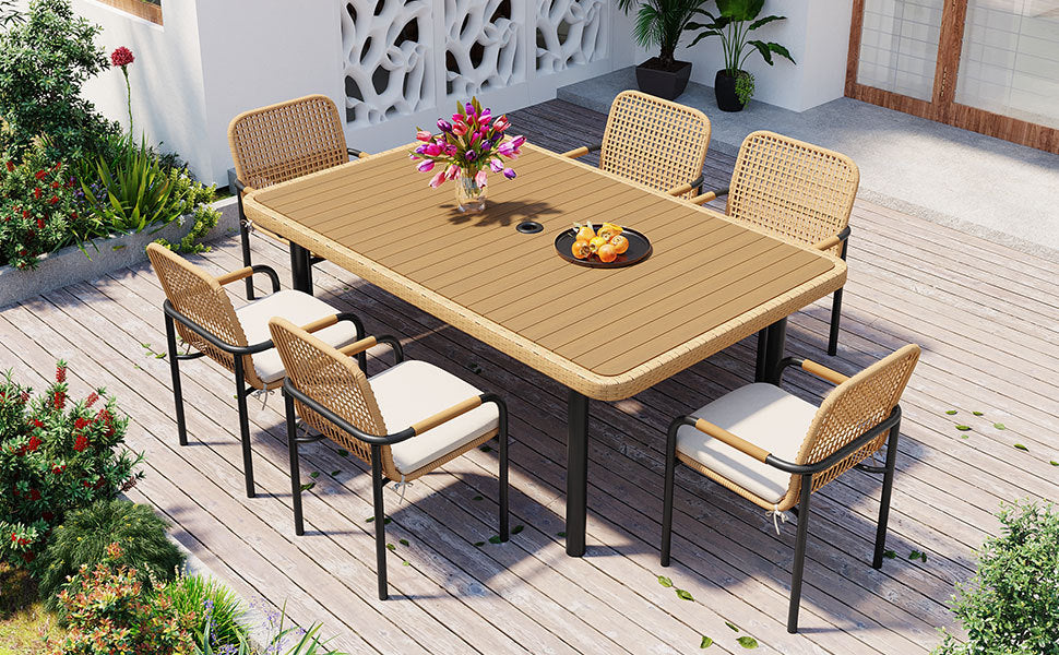 7 Pieces Patio Dining Set, Outdoor Wicker Furniture Set, Plastic-wood