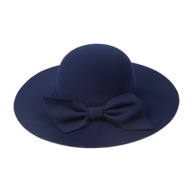 Navy Bow Felt Wide Brim Fall Hat