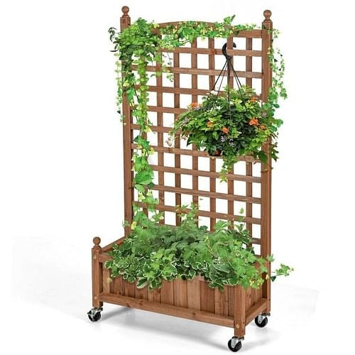 Outdoor Solid Wood Raised Garden Bed Mobile Planter Box with Trellis
