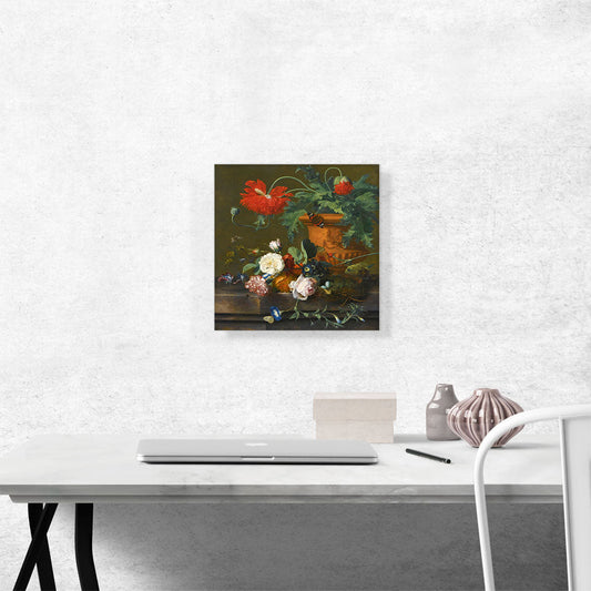 Still Life Poppies Terracotta Vase Roses Carnation Bird's Nest On