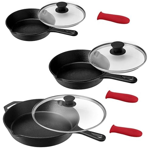 MegaChef Pre-Seasoned 9 Piece Cast Iron Skillet Set with Lids and Red