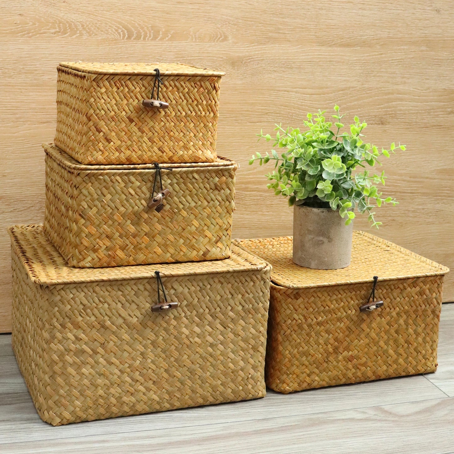 Set of 4 Seagrass Basket with Lid Wicker Storage Basket Decor Storage