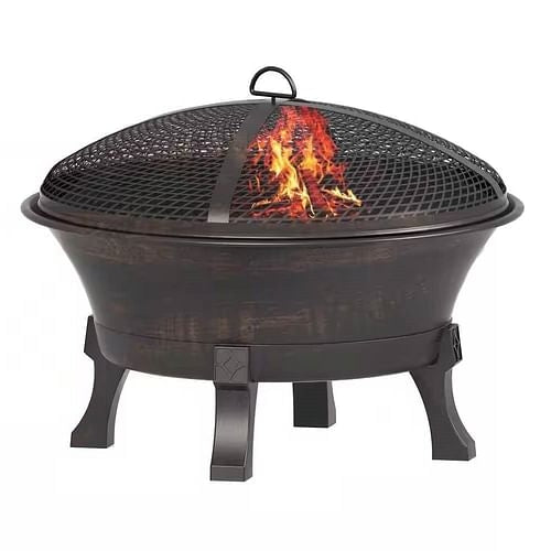 Outdoor Cast Iron Fire Pit with Mesh Cover and Poker in Bronze 26-inch