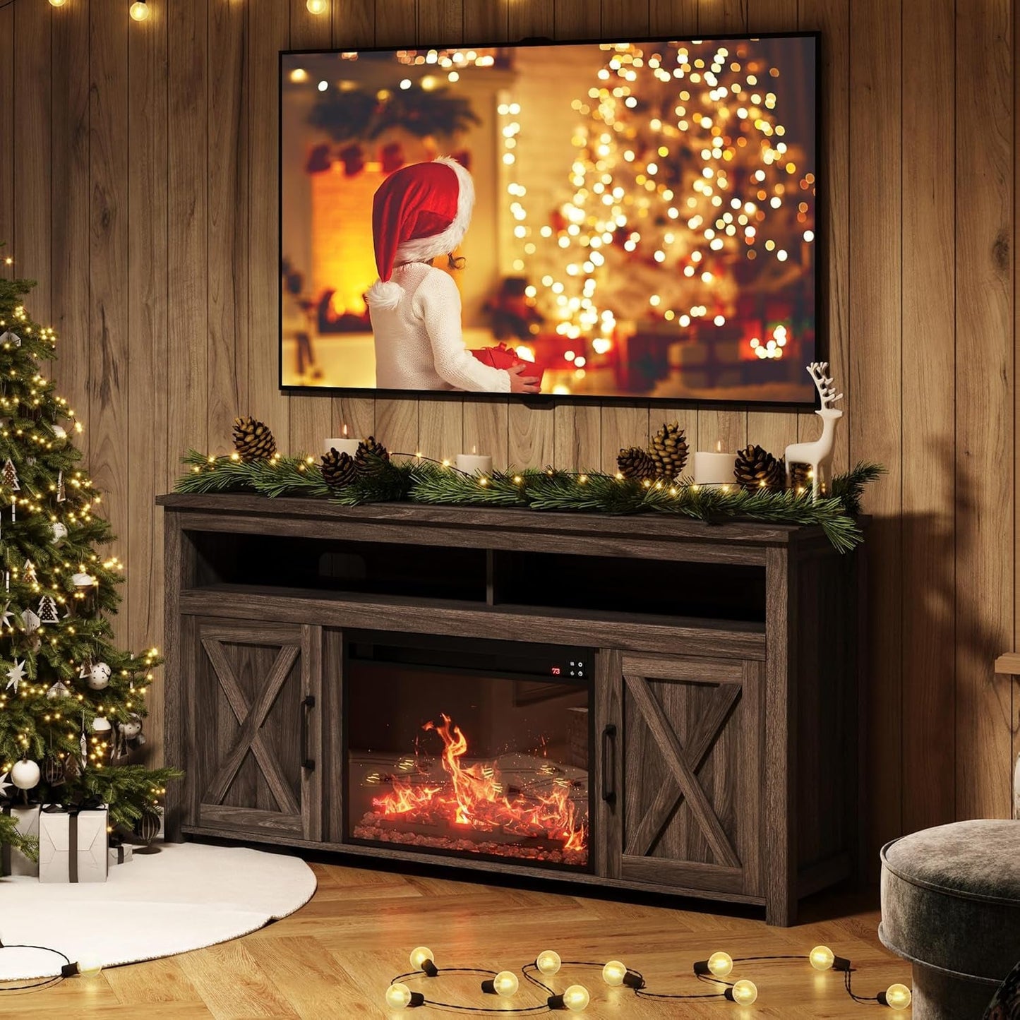 65" Barn Door Fireplace TV Stand Dark Walnut