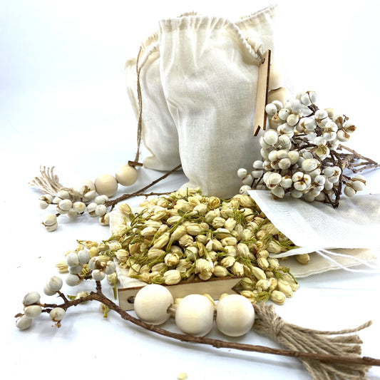 100% Naturally Dried Jasmine Flowers, Jute & Wooden Beaded Drawstring