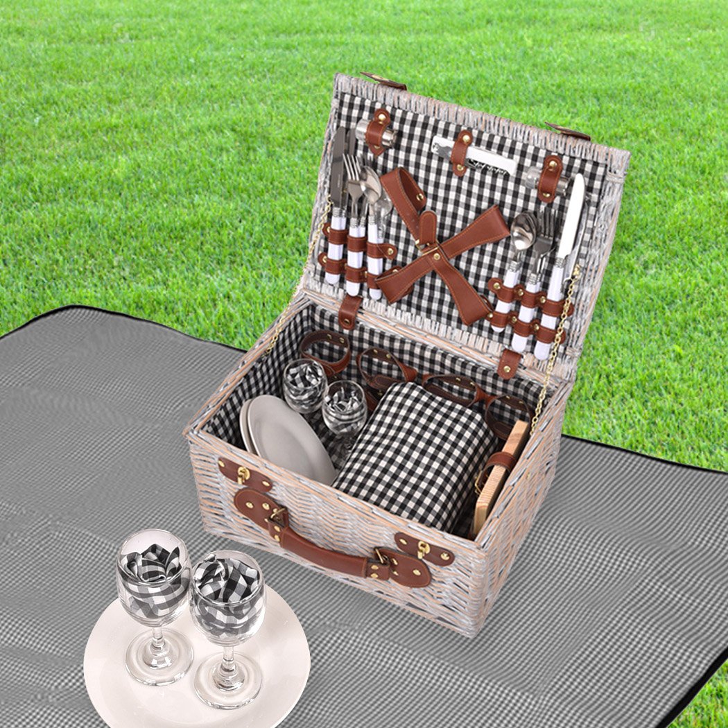 4 Person Picnic Basket Baskets Set Outdoor Blanket Deluxe Wicker Gift