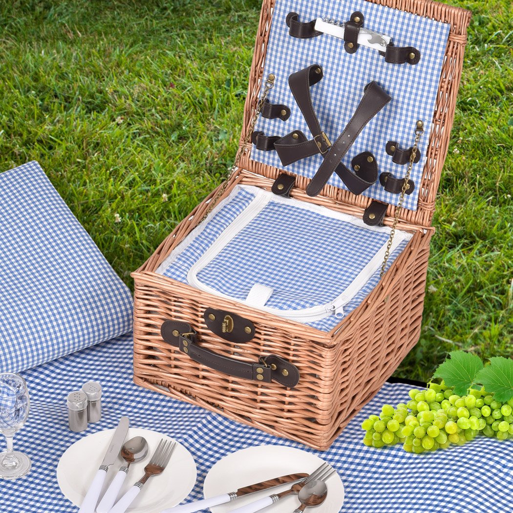 2 Person Picnic Basket Wicker Baskets Set Insulated Outdoor Blanket