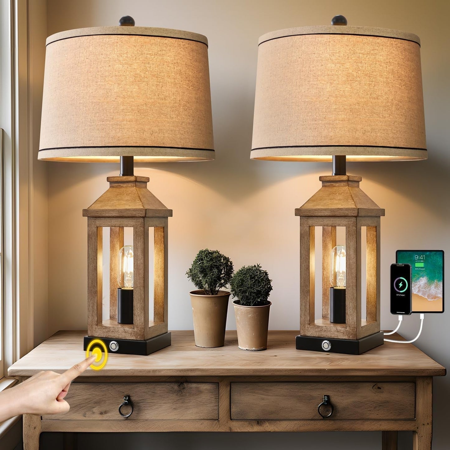 Farmhouse Touch Table Lamps Dual USB, Dimmable, Vintage Set