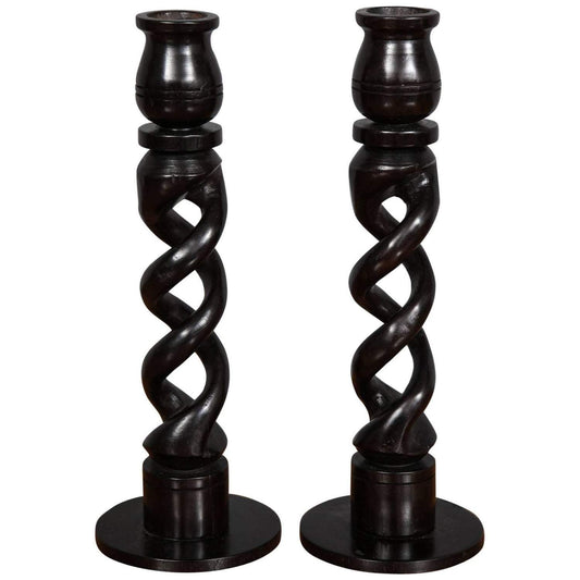 A Pair of African Twisted Ebony wood Candle Holder