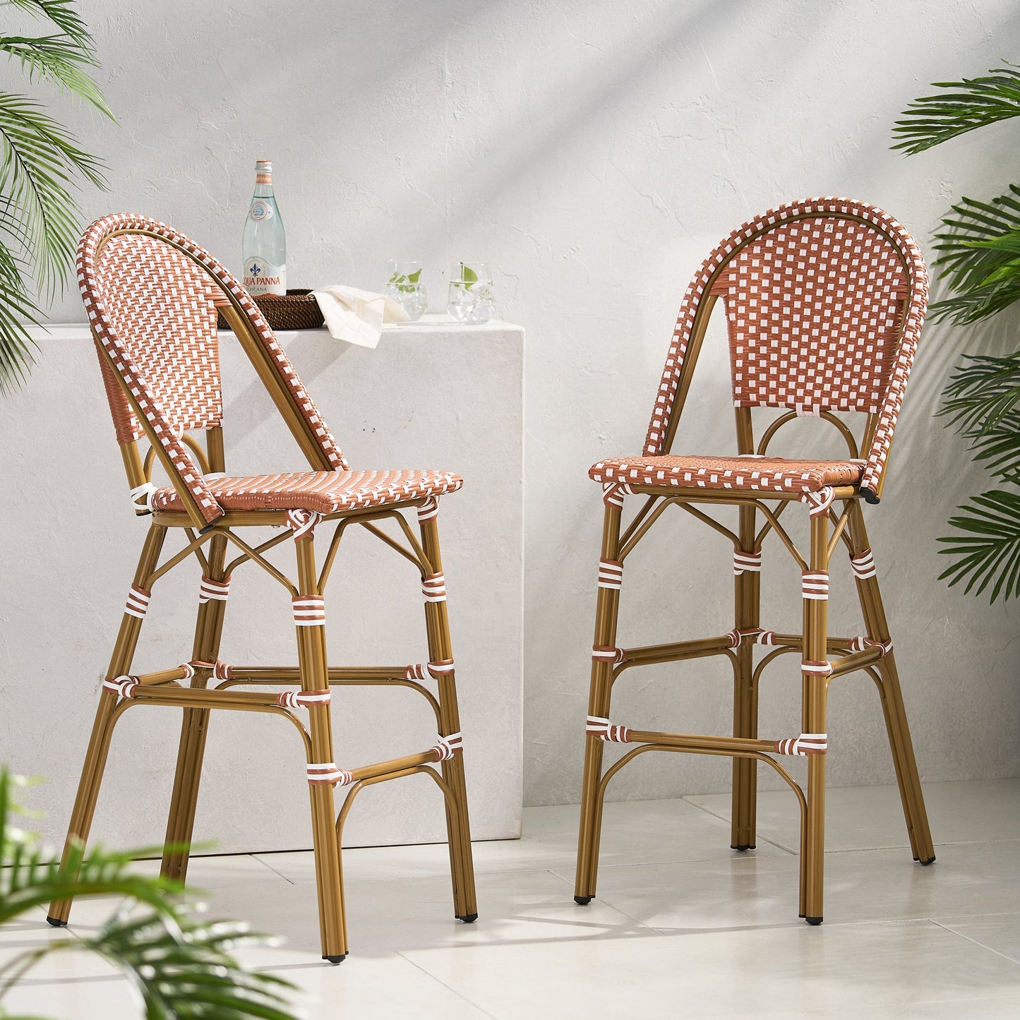Outdoor PE Rattan French Barstool Set with Rust Red and White Wicker