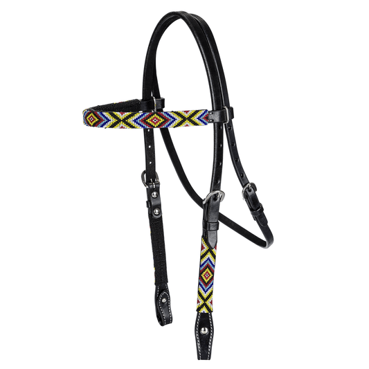 TABELLO Beaded Leather Browband Headstall with Stainless Steel Buckles