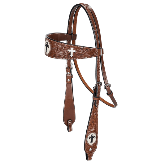 TABELO Floral Tooling Leather Browband Headstall with Cross Inlays