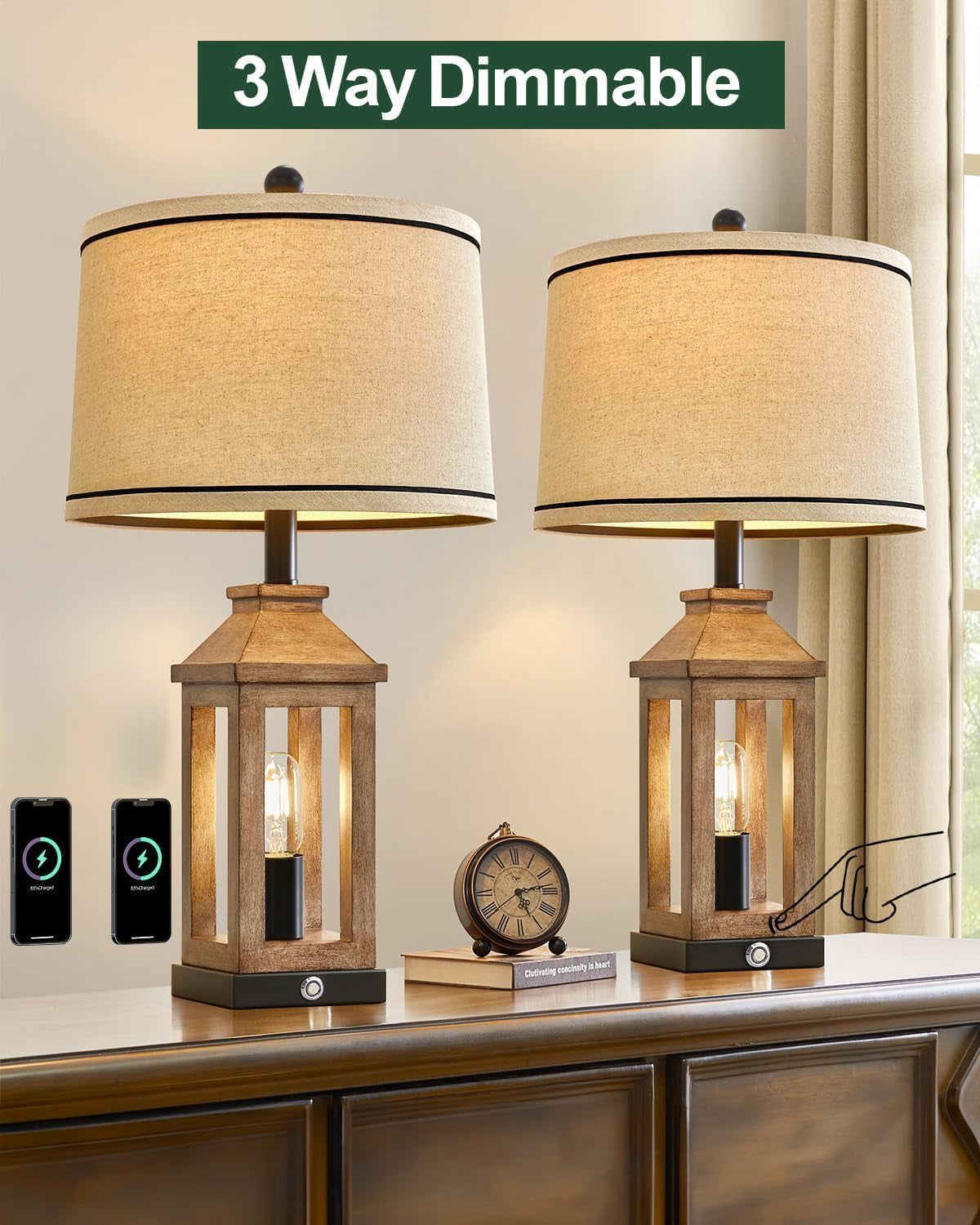 Farmhouse Touch Table Lamps Dual USB, Dimmable, Vintage Set