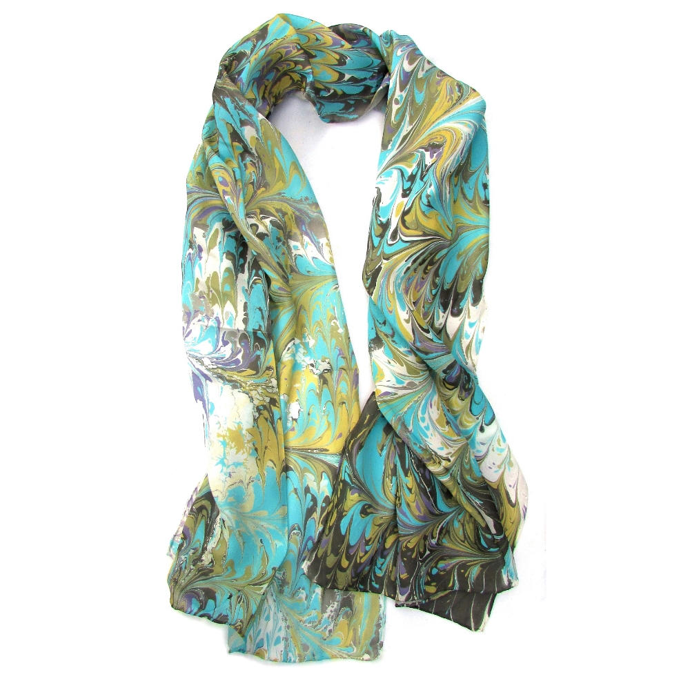 Watermarbling Hand Dyed 100% Silk Scarf