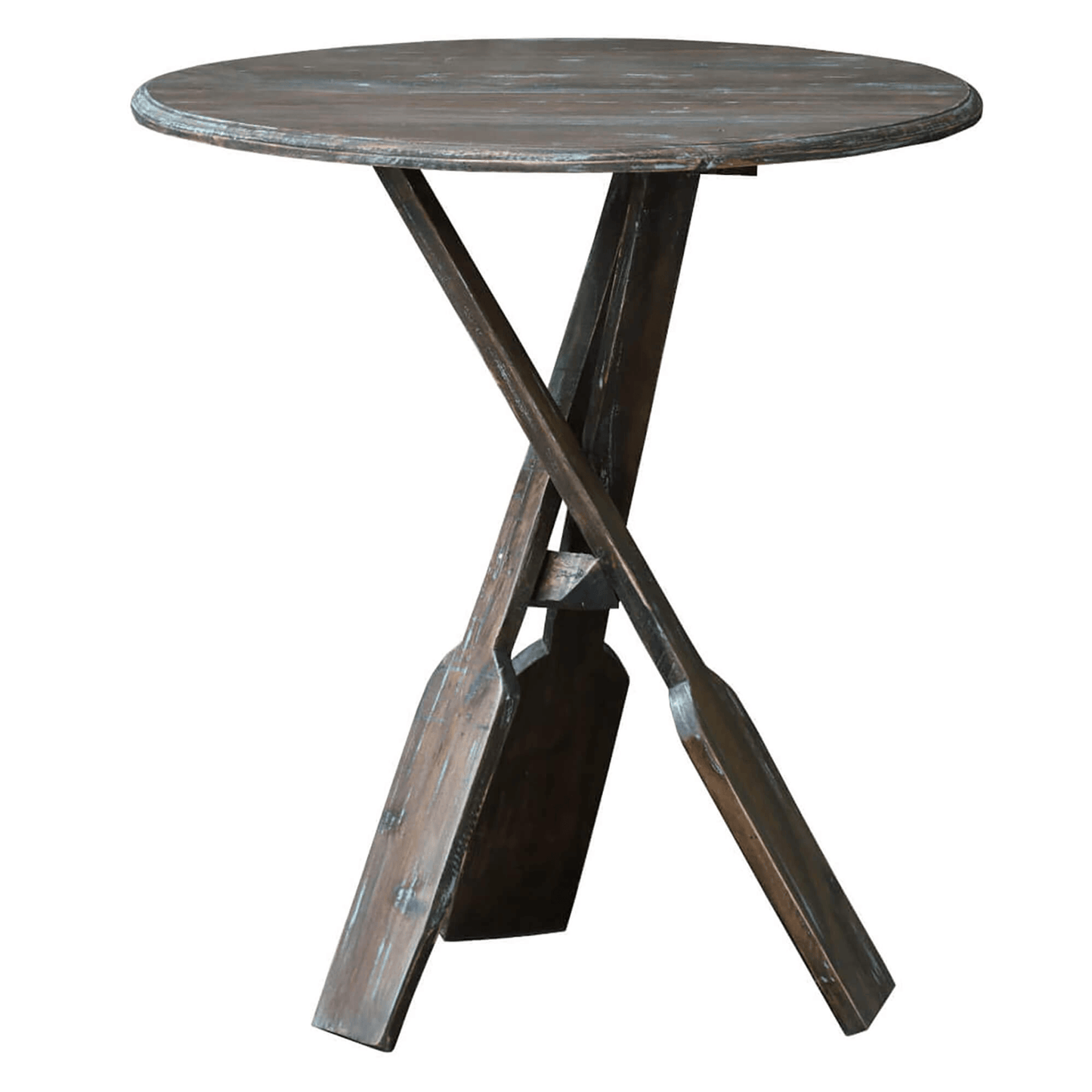 Cottage Round Boat Oar Accent Table In Distressed Brown/Blue Wood