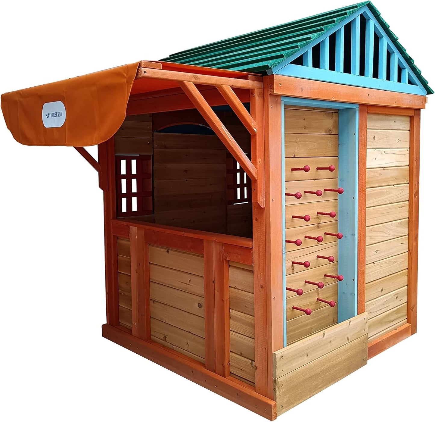 Wooden Cottage Playhouse with Awning, Ball Wall