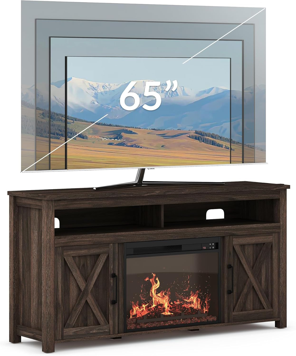 65" Barn Door Fireplace TV Stand Dark Walnut