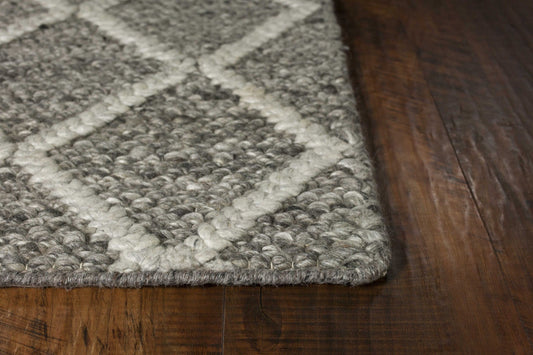 8' X 10' Dark Gray And Ivory New Zealand Lambs Wool Diamond Hand Woven