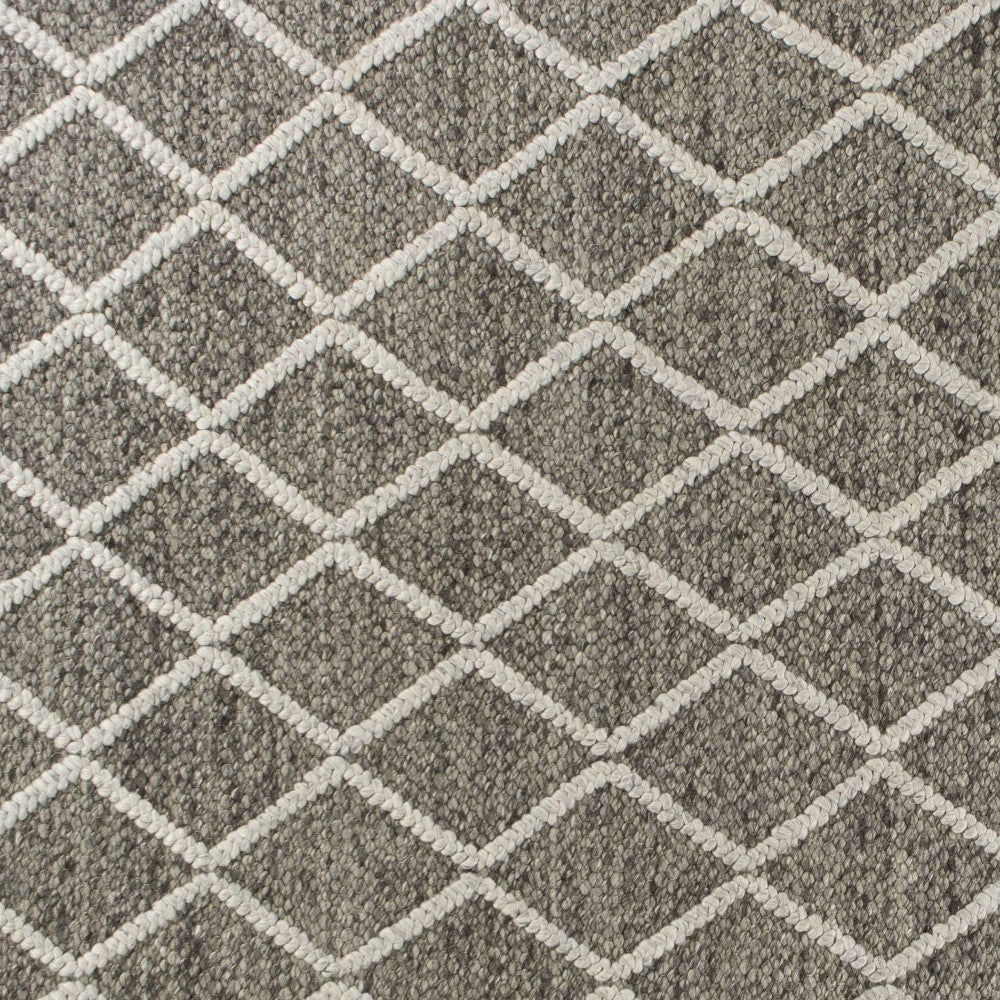 8' X 10' Dark Gray And Ivory New Zealand Lambs Wool Diamond Hand Woven