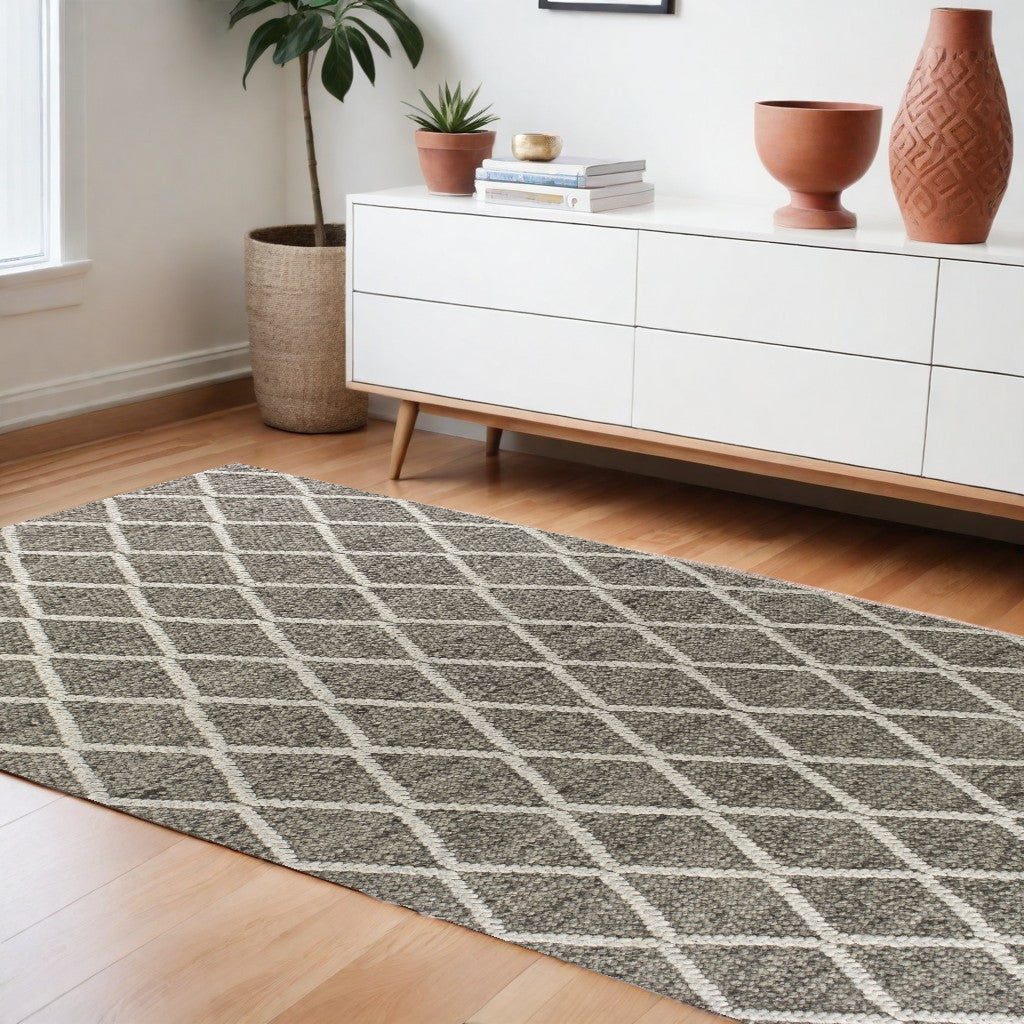 8' X 10' Dark Gray And Ivory New Zealand Lambs Wool Diamond Hand Woven