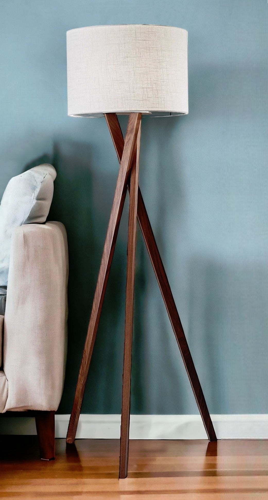 63" Brown And White Solid Wood Tripod Floor Lamp With White Linen Drum