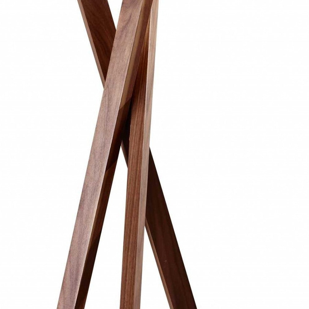 63" Brown And White Solid Wood Tripod Floor Lamp With White Linen Drum