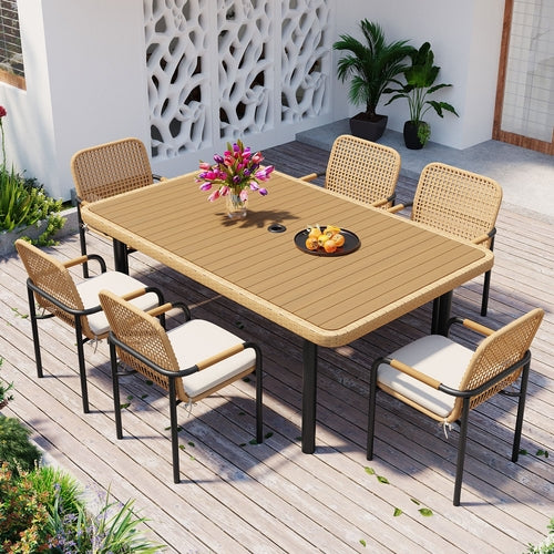 7 Pieces Patio Dining Set, Outdoor Wicker Furniture Set, Plastic-wood