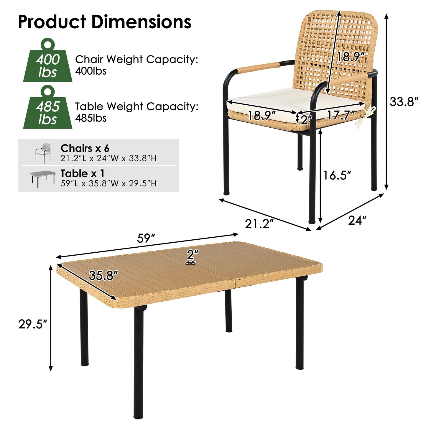 7 Pieces Patio Dining Set, Outdoor Wicker Furniture Set, Plastic-wood