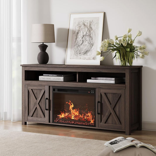 65" Barn Door Fireplace TV Stand Dark Walnut