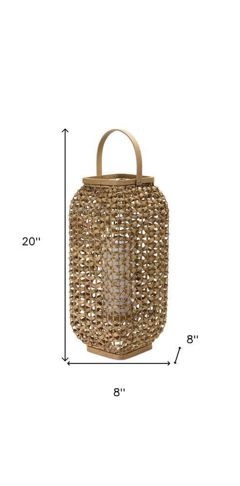 20" Natural Distressed Woven Glass And Wicker Floor Lantern Candle