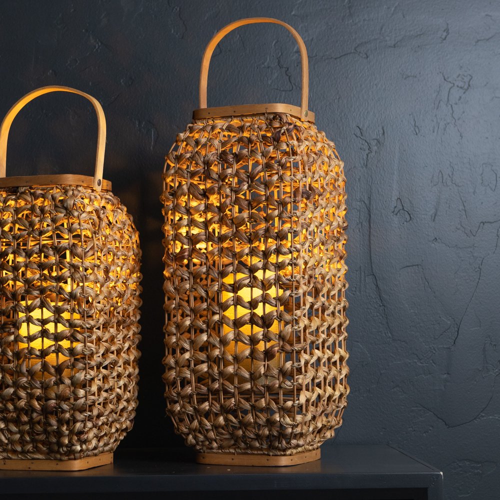 20" Natural Distressed Woven Glass And Wicker Floor Lantern Candle