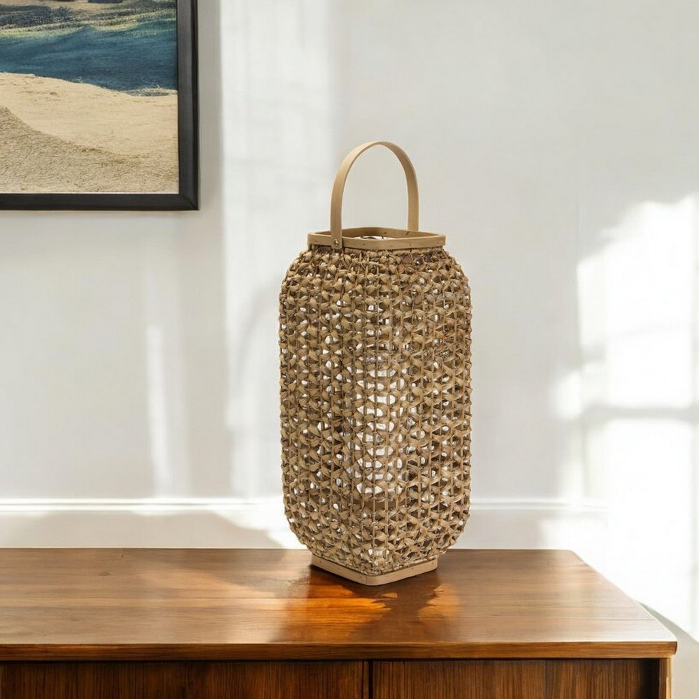 20" Natural Distressed Woven Glass And Wicker Floor Lantern Candle