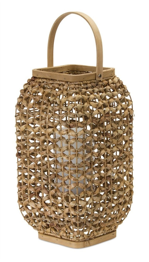 16" Natural Distressed Woven Glass And Wicker Floor Lantern Candle