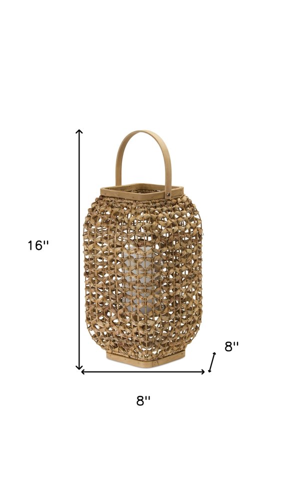 16" Natural Distressed Woven Glass And Wicker Floor Lantern Candle