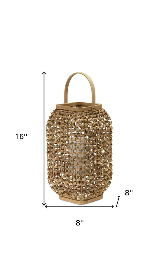 16" Natural Distressed Woven Glass And Wicker Floor Lantern Candle