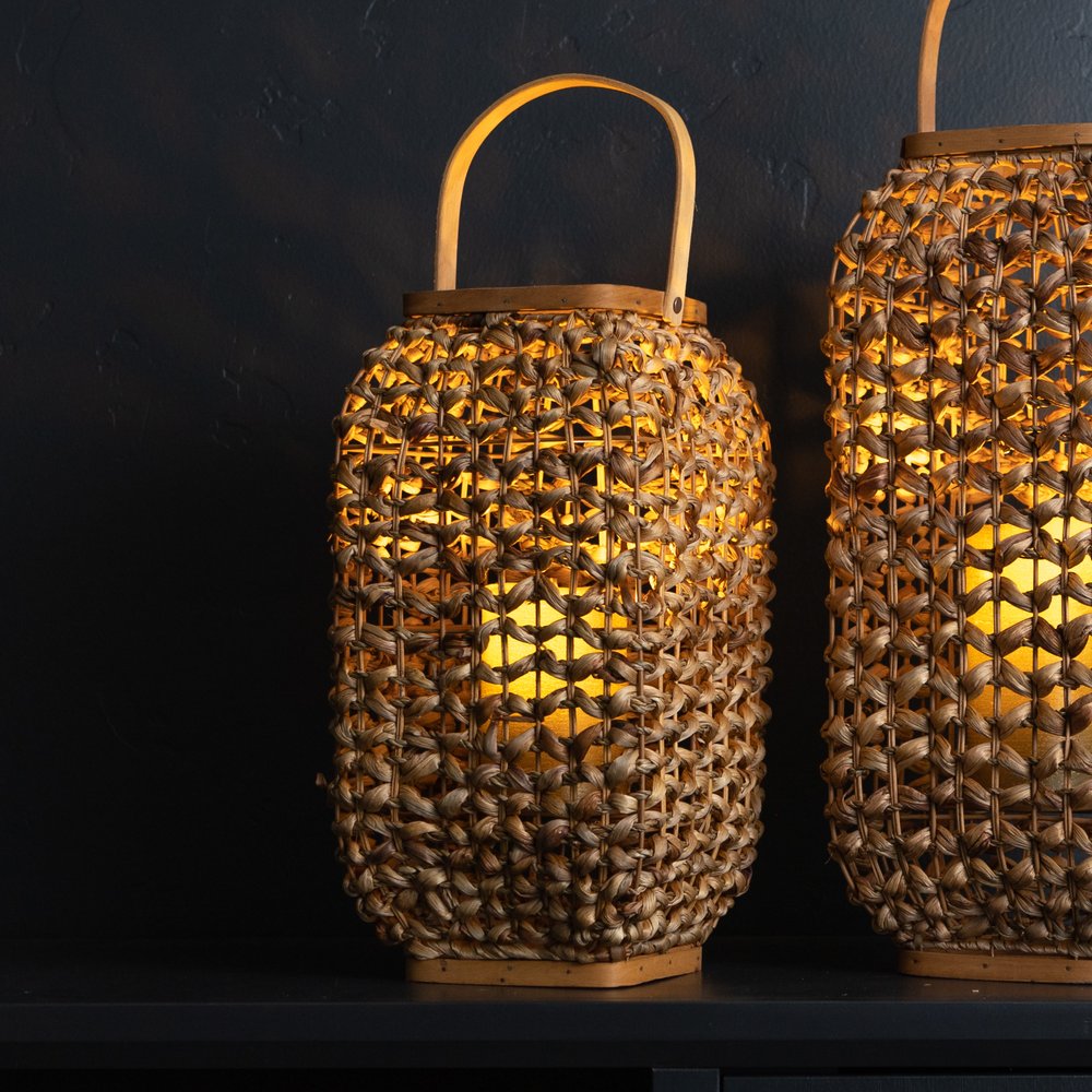 16" Natural Distressed Woven Glass And Wicker Floor Lantern Candle