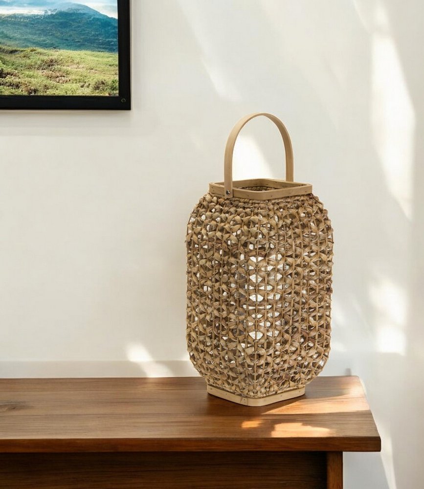 16" Natural Distressed Woven Glass And Wicker Floor Lantern Candle